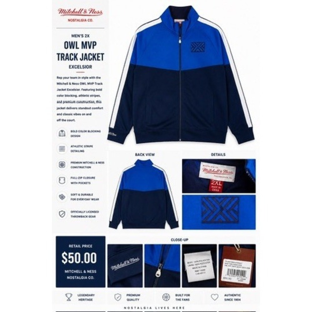 Mitchell & Ness Mens Track Jacket 2XL Blue NY Excelsior OWL MVP Full Zip